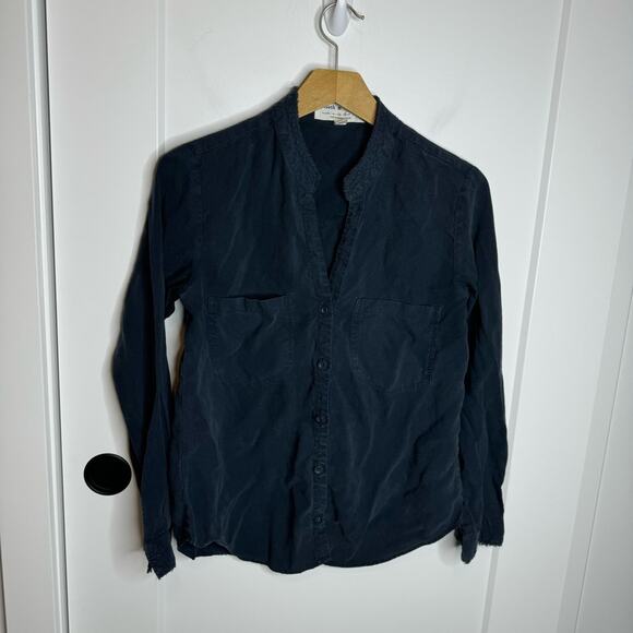 Anthropologie Cloth & Stone Navy Blue Frayed Edges Button Down Shirt Size XS - Picture 1 of 5